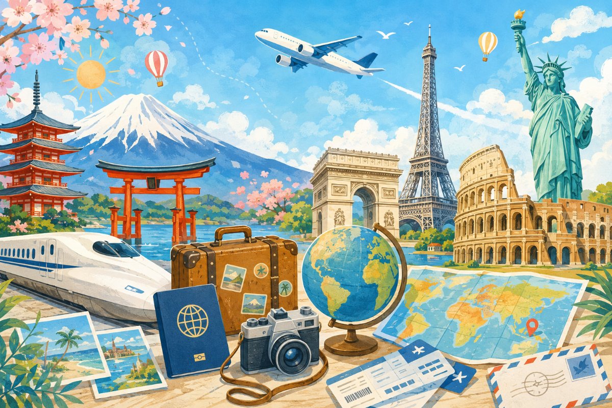 日本と海外の名所をめぐる旅行イメージ