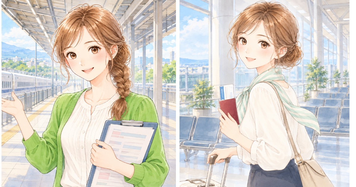 駅のホームと空港に立つそら先生