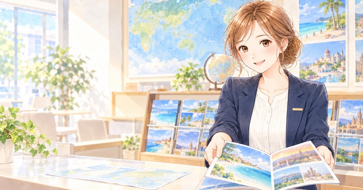 旅行会社のカウンターでパンフレットを差し出すそら先生
