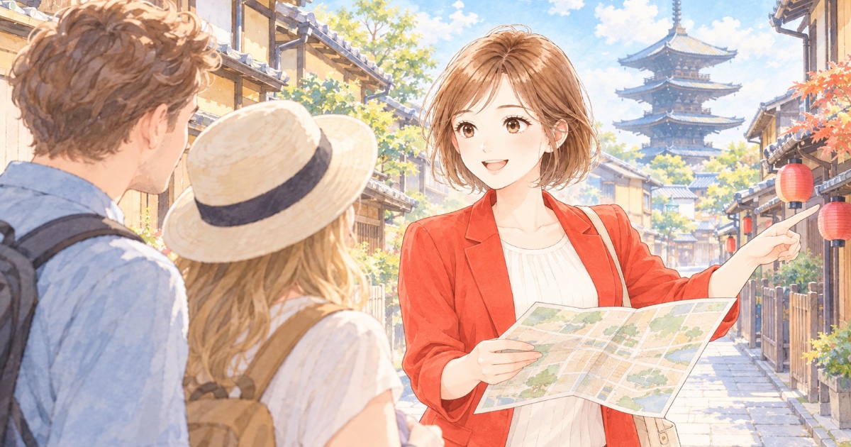 京都の町並みで訪日客に地図を見せて案内するそら先生