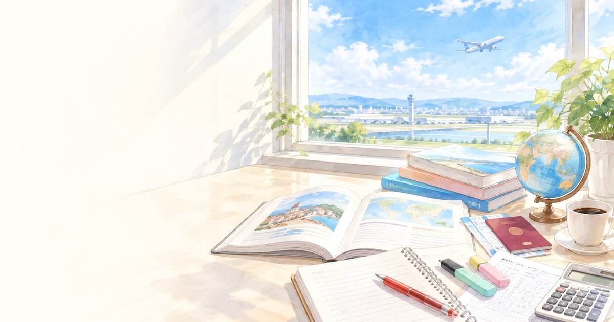 窓辺の机で旅行資格の勉強をする風景